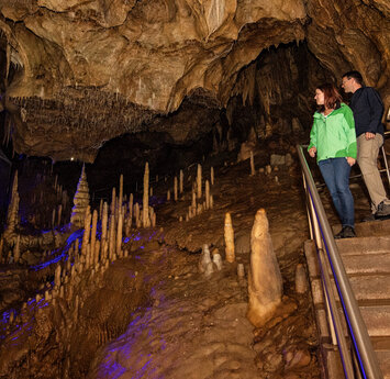 Ein Paar läuft lächelnd die Treppen in der Höhle hinab. Sie laufen an einer Vielzahl kleiner Tropfsteine vorbei.