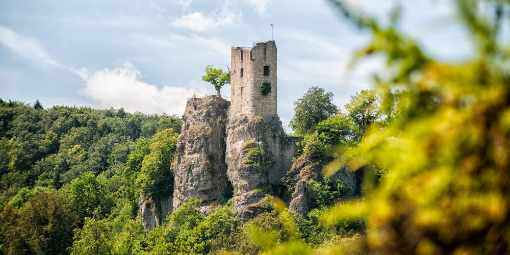 Die Ruine thront auf einer Felsnadel und ist von grünem Wald umgeben.