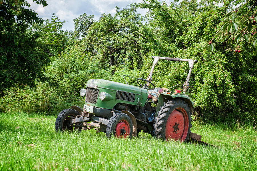 Ein alter Fendt-Traktor steht auf der Grünen Obstwiese.