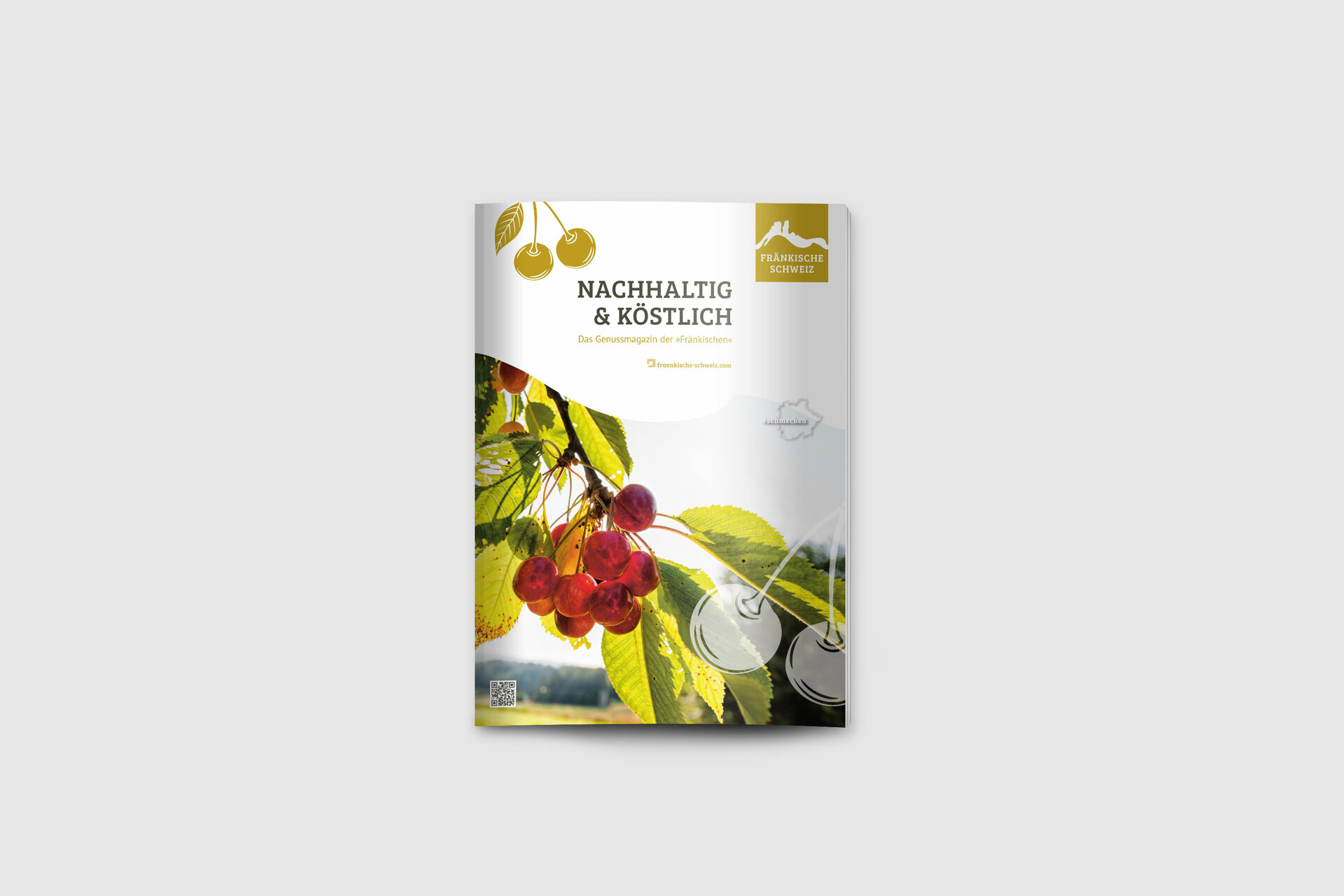 Titel der Broschüre mit gelben Logo und einem Kirschbaumast, an dem rote Kirschen hängen.