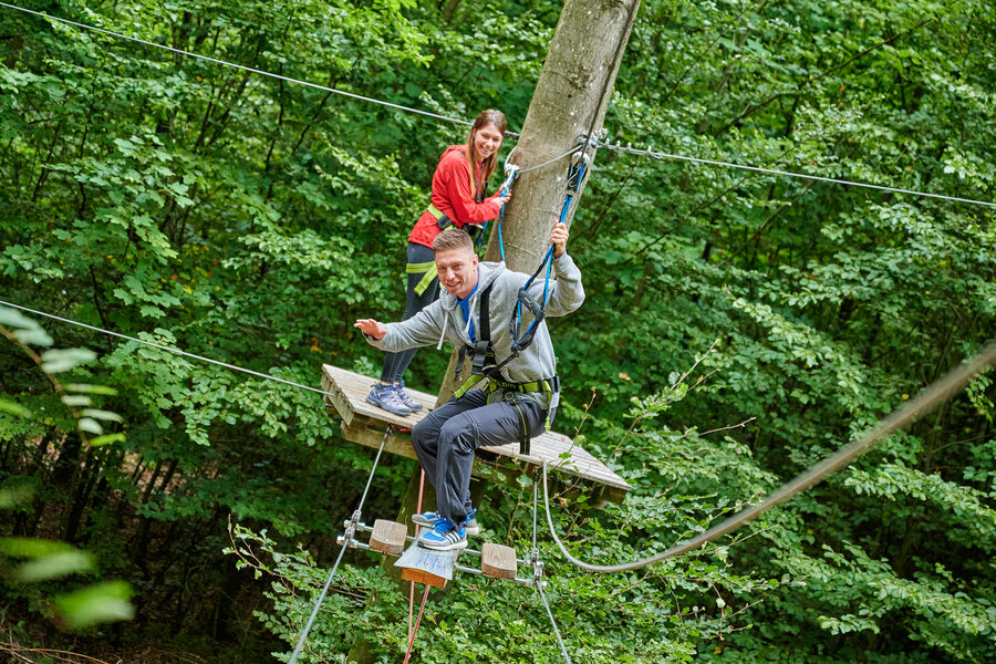 Ein Mann fährt, gesichert mit Gurt an einem Seil, auf einem kleinen Holzbrett in luftiger Höhe von einem Baum zum nächsten.