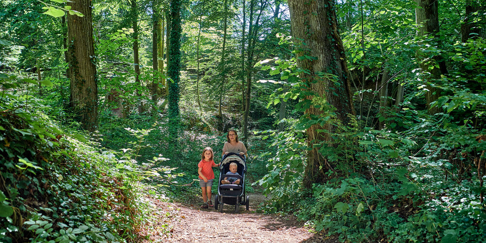 Eine Frau schiebt auf einem Waldweg einen Kinderwagen mit einem Jungen. Neben ihr läuft ein kleines Mädchen.