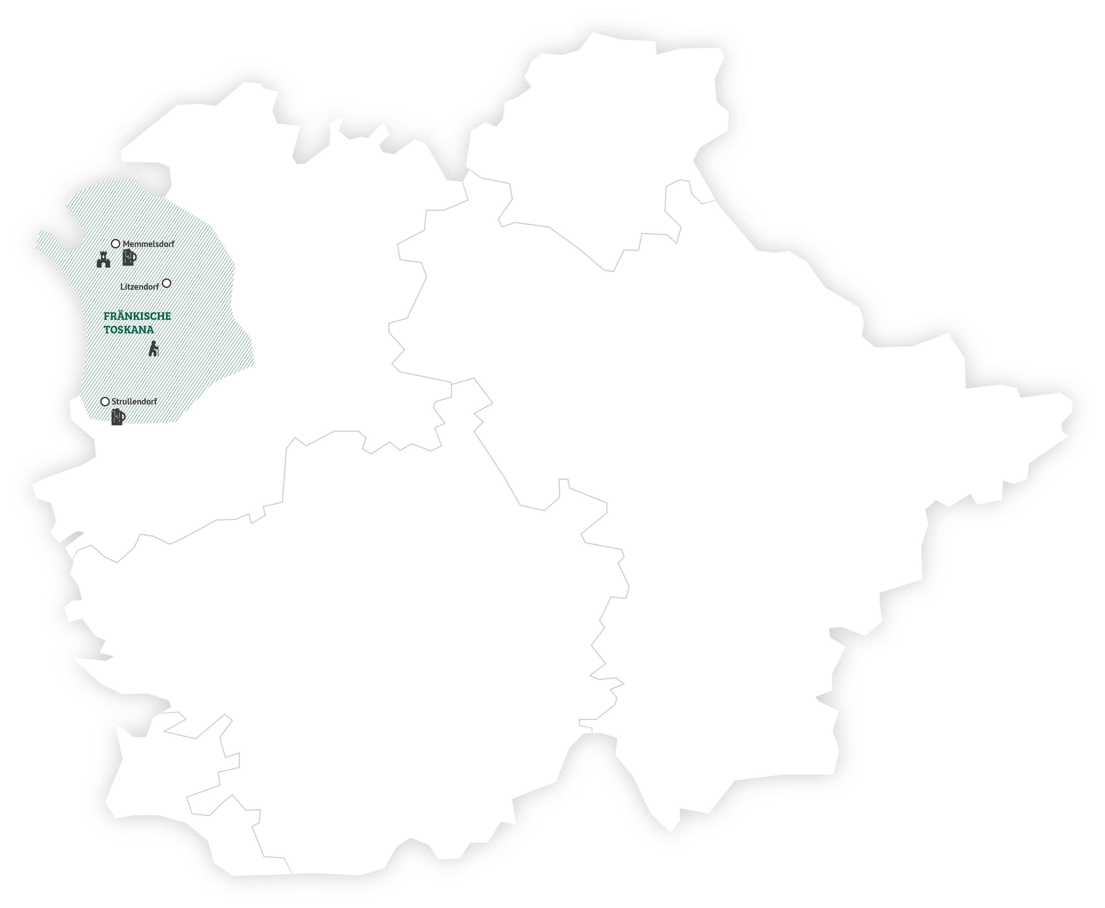 Eine weiß-grüne Übersichtskarte der Fränkischen Toskana mit Orten und Flüssen.