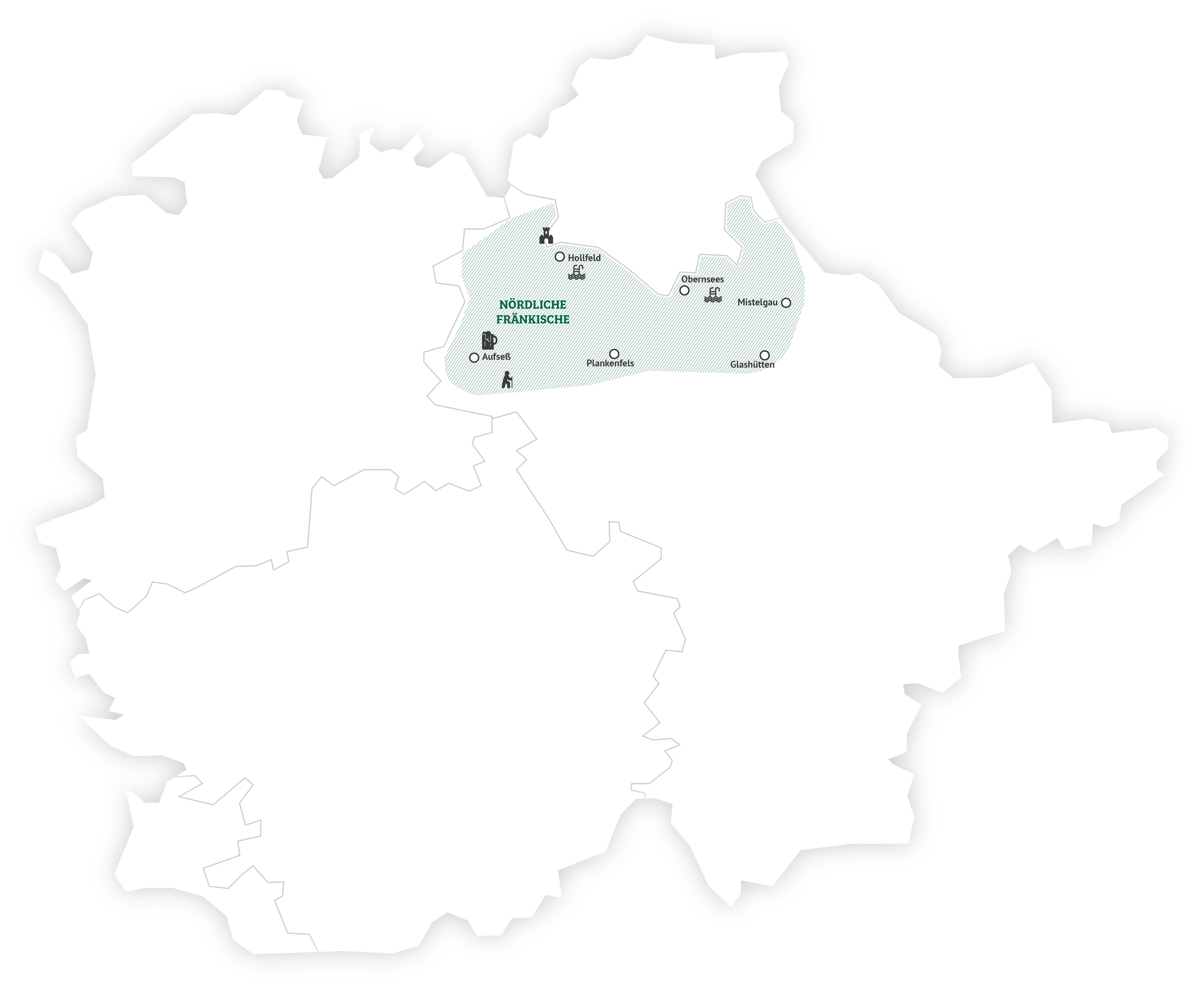 Eine weiß-grüne Übersichtskarte der nördlichen Fränkischen Schweiz mit Orten und Flüssen.