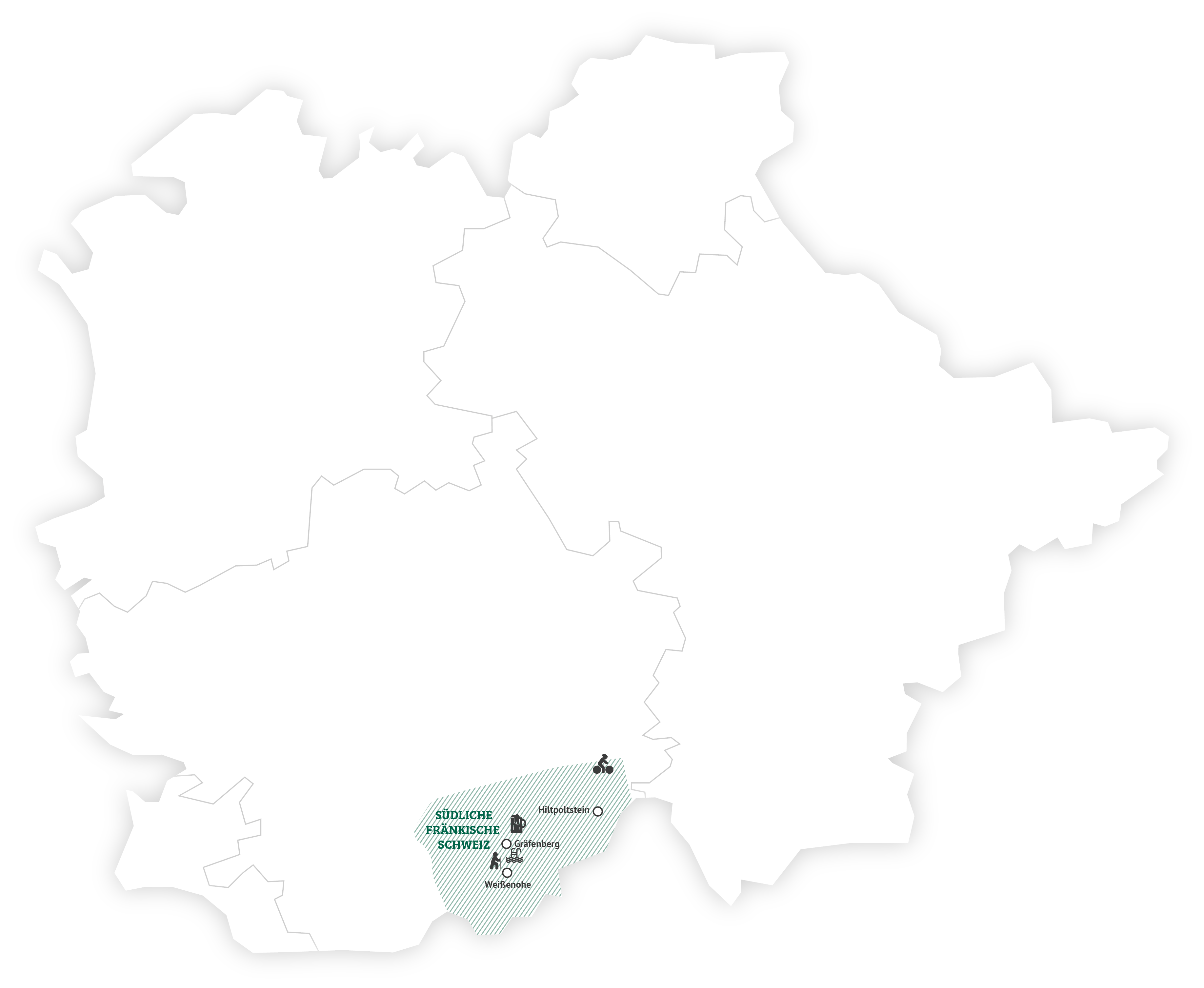 Eine weiß-grüne Übersichtskarte der südlichen Fränkischen Schweiz mit Orten und Flüssen.